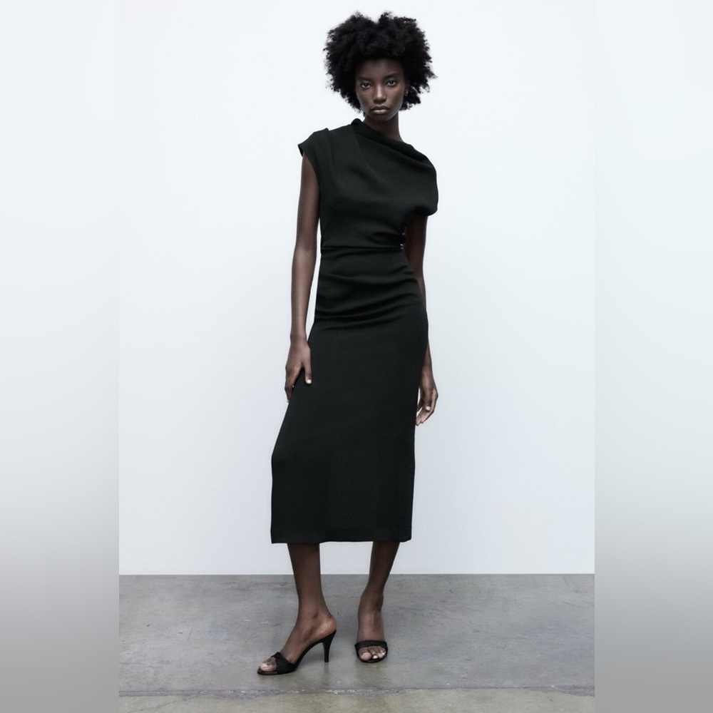 Zara Black Asymmetrical Midi Dress - Picture 3 of 13